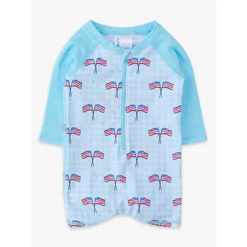 Baby Boys Blue Patriotic Gingham Long Sleeve One Piece Rash Guard Swimsuit