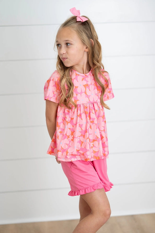 Oopise Daisy Kids Brynn Pink Floral Pocket Ruffle Spring Summer Short Set