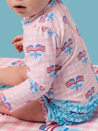 Baby Girls Pink Patriotic Gingham Long Sleeve One Piece Rash Guard Swimsuit with Signature Rear Ruffles