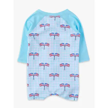Baby Boys Blue Patriotic Gingham Long Sleeve One Piece Rash Guard Swimsuit