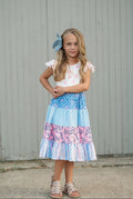 Kids Pink & Blue Floral Checkered Tiered Spring Dress