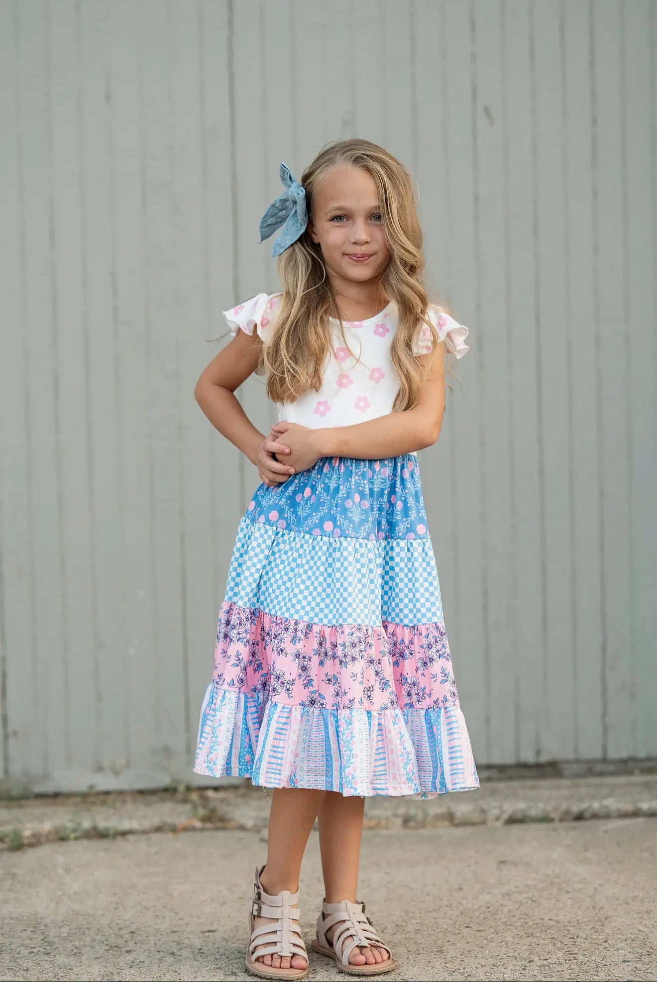 Kids Pink & Blue Floral Checkered Tiered Spring Dress
