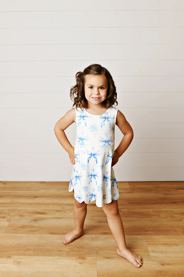 Oopsie Daisy Girls White & Blue Bow Athletic Active Sport Scalloped Dress