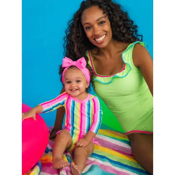 Baby Girls Neon Rainbow Stripe Long Sleeve One Piece Rash Guard Swimsuit with Signature Rear Ruffles