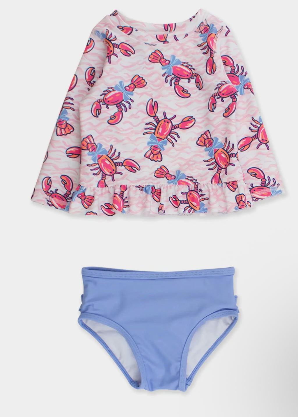 Girls Pink Lobster Lagoon Long Sleeve Rash Guard 2-Piece Swimsuit with Signature Rear Ruffles