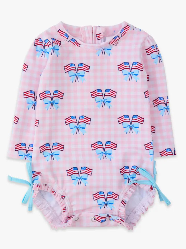 Baby Girls Pink Patriotic Gingham Long Sleeve One Piece Rash Guard Swimsuit with Signature Rear Ruffles