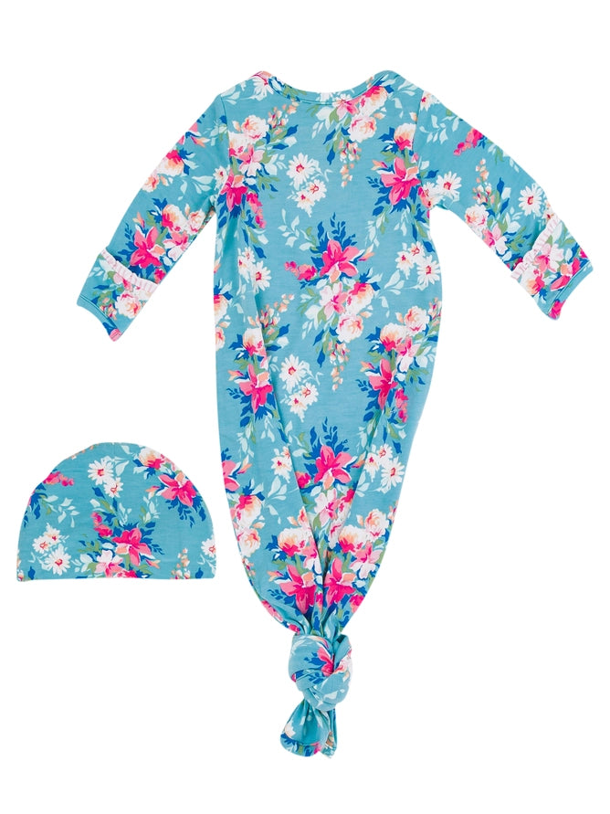Ruffle Butts Softsnooze™ Baby Girls Bamboo Viscose Fancy Me Floral Ruffle Knotted Sleep Gown & Bow Hat Set