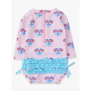 Baby Girls Pink Patriotic Gingham Long Sleeve One Piece Rash Guard Swimsuit with Signature Rear Ruffles