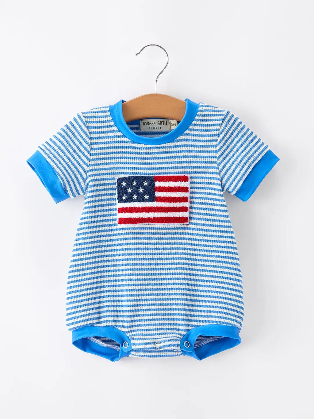 4th of July Flag Chenille Baby Boy Romper Blue Stripe