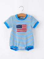 4th of July Flag Chenille Baby Boy Romper Blue Stripe