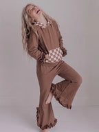 Chocolate Checkered Hooded Ruffle Pocket Lounge Set