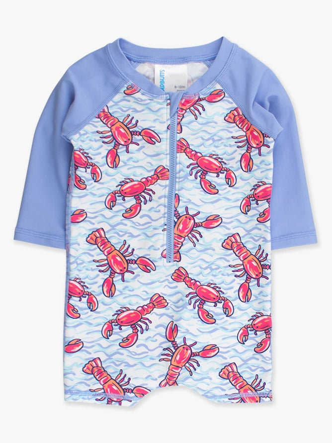 Rugged Butts Baby Boys Blue Lobster Lagoon Long Sleeve One Piece Rash Guard Swimsuit