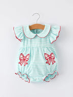 Rylee Faith Striped Casual Outfit with Baseball Bow Applique Lapel Girls Romper