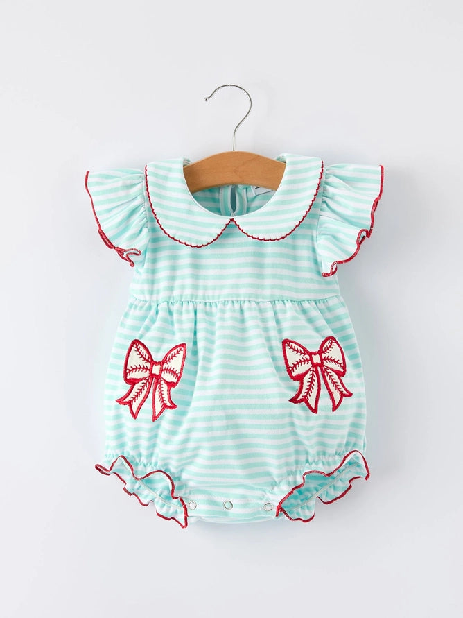 Rylee Faith Striped Casual Outfit with Baseball Bow Applique Lapel Girls Romper