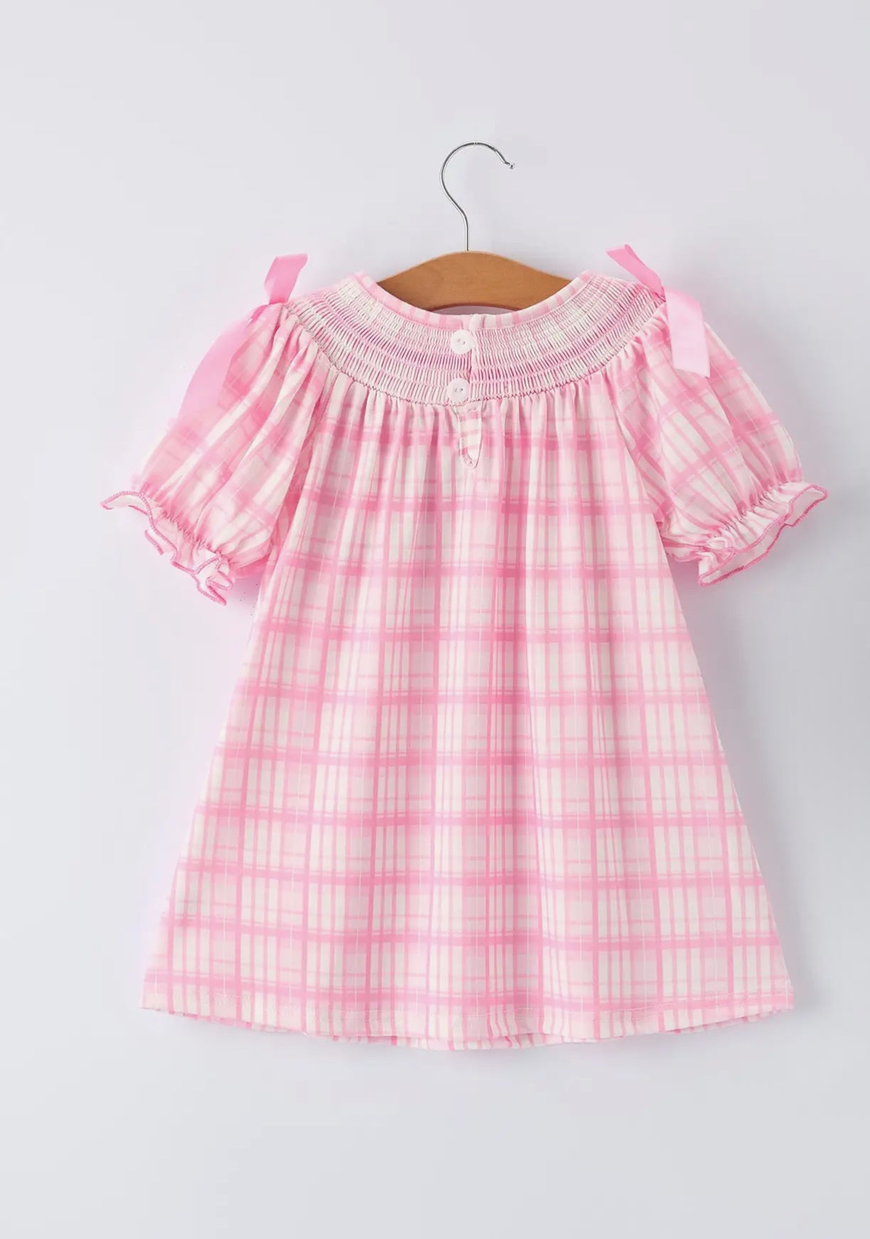 Pink Plaid Smocked Heart Embroidery Girls Dress