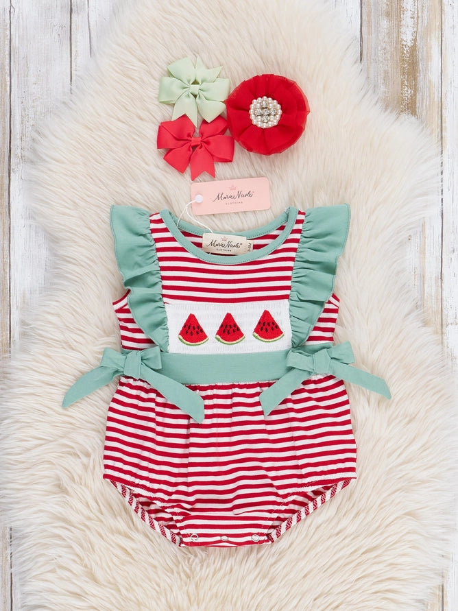 Marie Nicole Watermelon Stripes Smocked Cotton Ruffle Bubble Romper