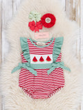 Marie Nicole Watermelon Stripes Smocked Cotton Ruffle Bubble Romper