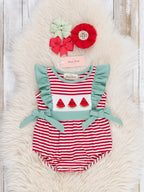 Marie Nicole Watermelon Stripes Smocked Cotton Ruffle Bubble Romper