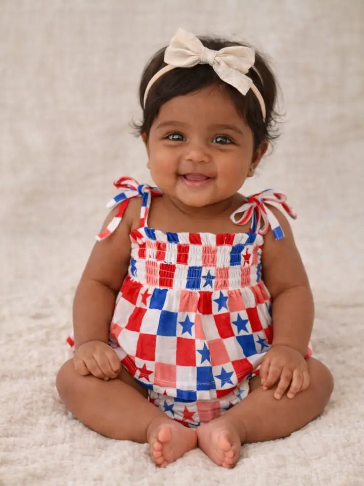 Red, White, Blue & Pink Checkerboard / Organic Smocked Set