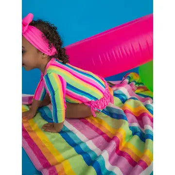 Baby Girls Neon Rainbow Stripe Long Sleeve One Piece Rash Guard Swimsuit with Signature Rear Ruffles