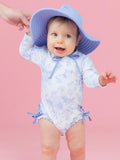 Baby Girls Periwinkle Butterfly Garden Long Sleeve One Piece Rash Guard Swimsuit with Signature Rear Ruffles