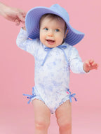 Baby Girls Periwinkle Butterfly Garden Long Sleeve One Piece Rash Guard Swimsuit with Signature Rear Ruffles