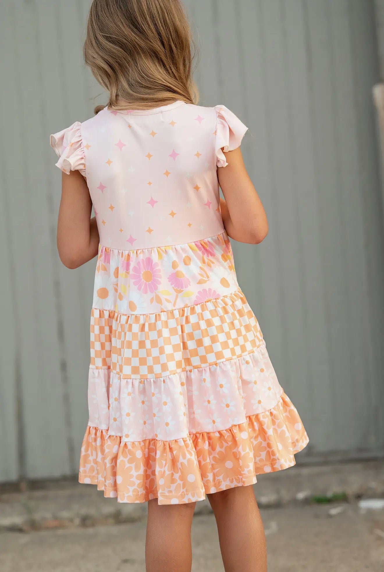 Kids Pink & Tangerine Daisy Checkered Tiered Spring Dress