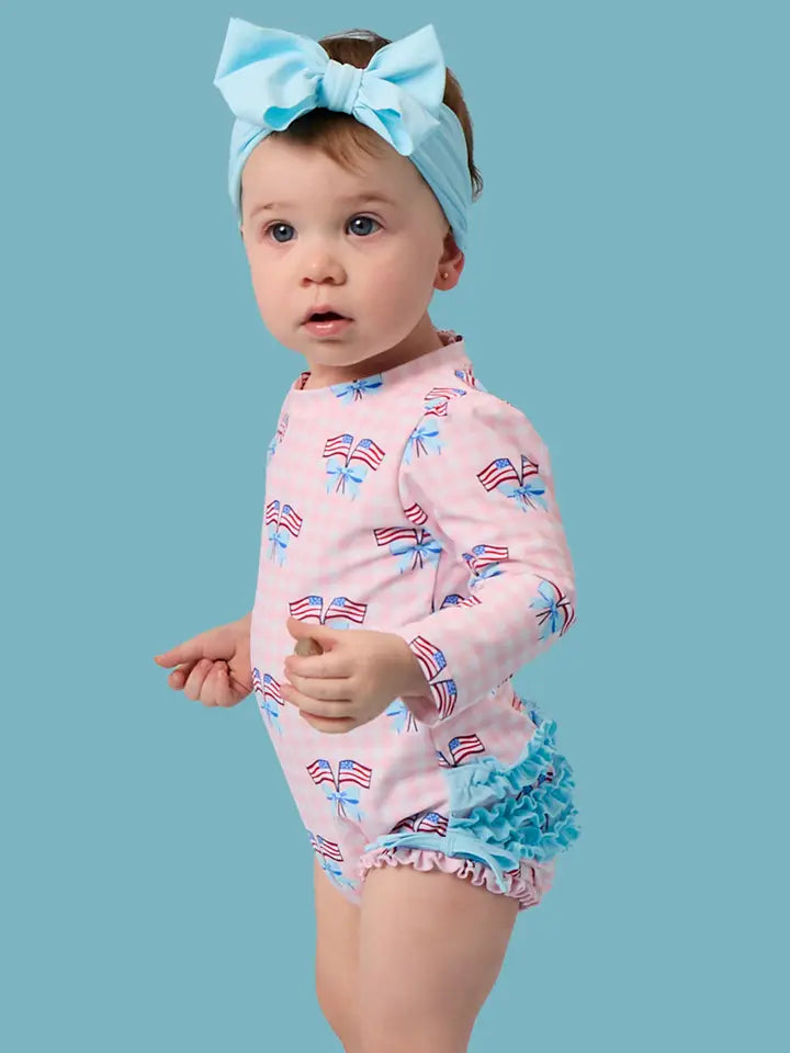 Baby Girls Pink Patriotic Gingham Long Sleeve One Piece Rash Guard Swimsuit with Signature Rear Ruffles
