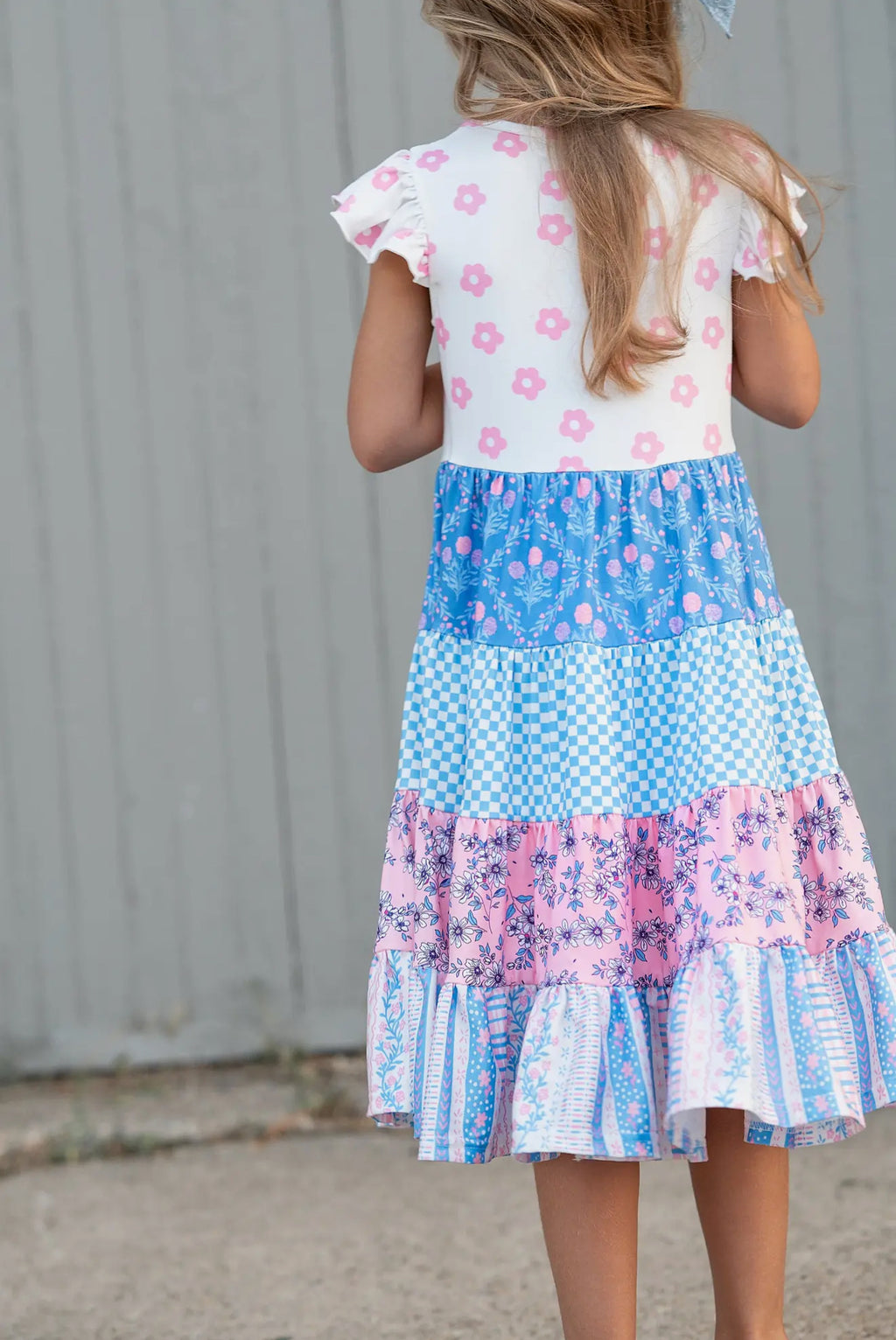 Kids Pink & Blue Floral Checkered Tiered Spring Dress