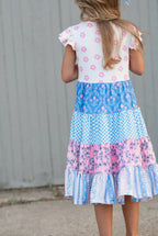 Kids Pink & Blue Floral Checkered Tiered Spring Dress