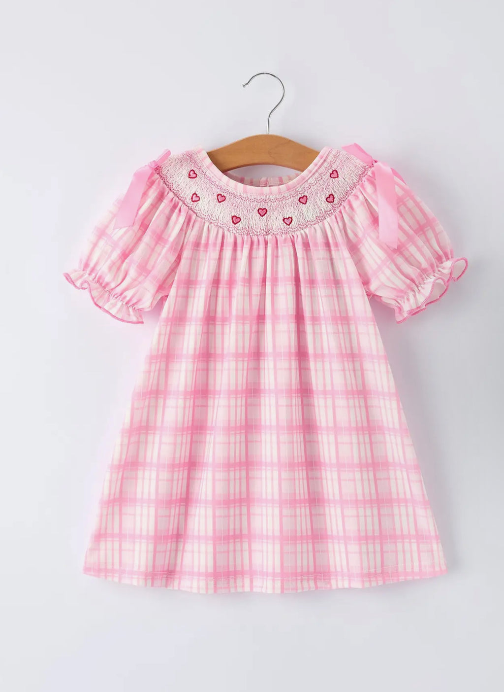 Pink Plaid Smocked Heart Embroidery Girls Dress