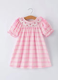 Pink Plaid Smocked Heart Embroidery Girls Dress