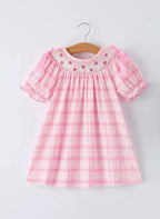 Pink Plaid Smocked Heart Embroidery Girls Dress