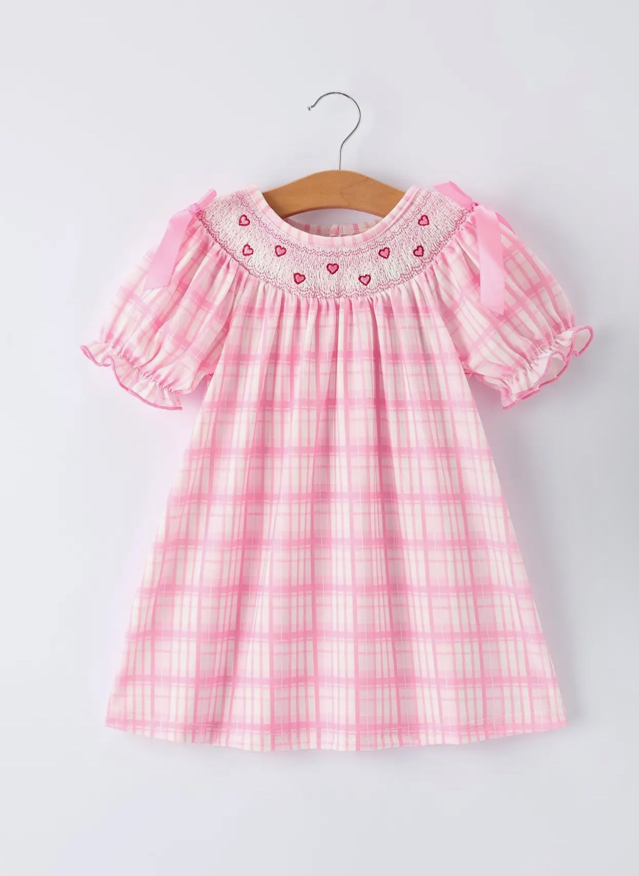 Pink Plaid Smocked Heart Embroidery Girls Dress