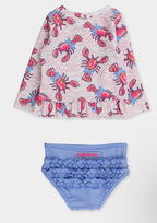 Girls Pink Lobster Lagoon Long Sleeve Rash Guard 2-Piece Swimsuit with Signature Rear Ruffles