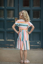 Kids Boho Rainbow Stripe Spring Easter Flutter Sleeve Dress