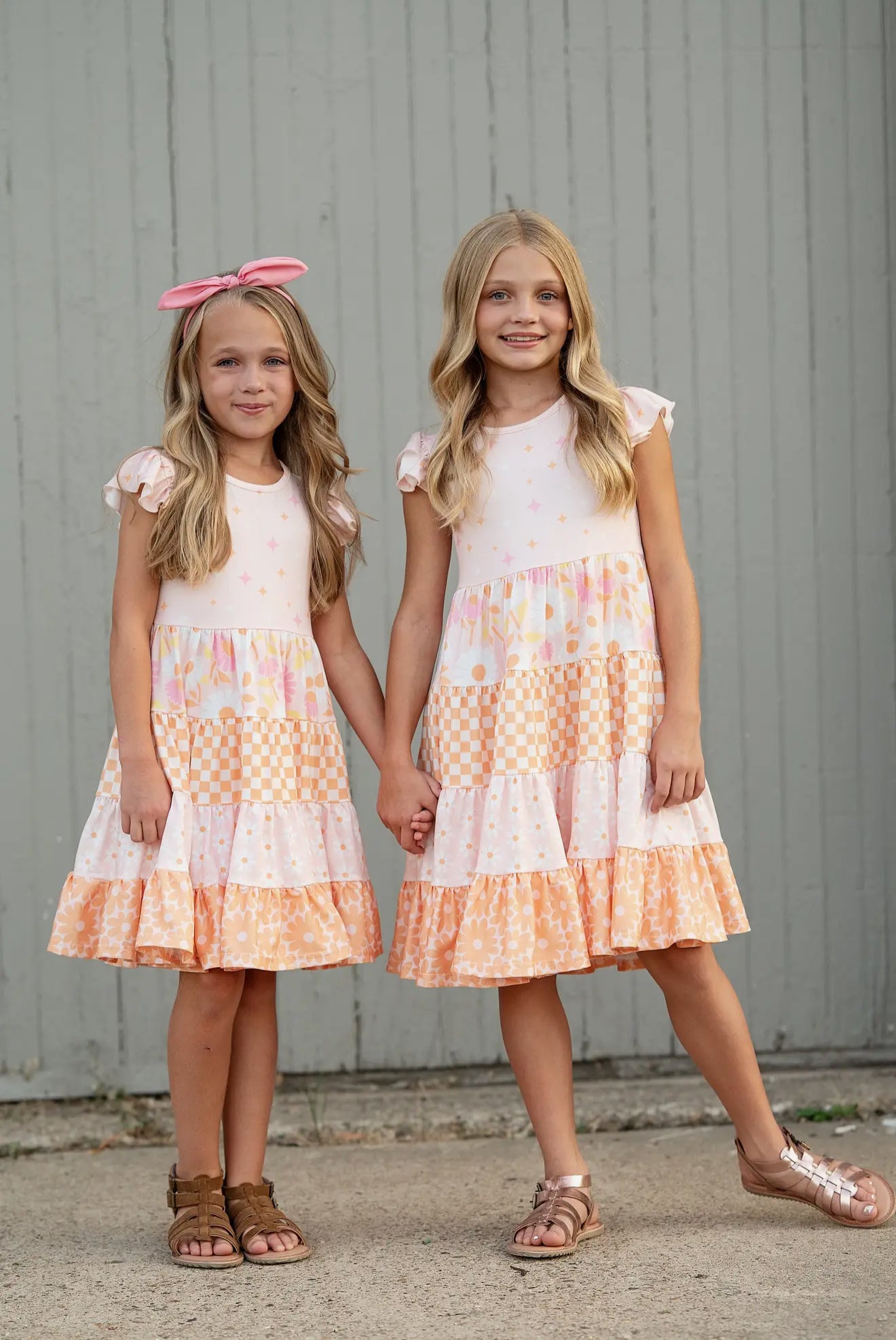Kids Pink & Tangerine Daisy Checkered Tiered Spring Dress