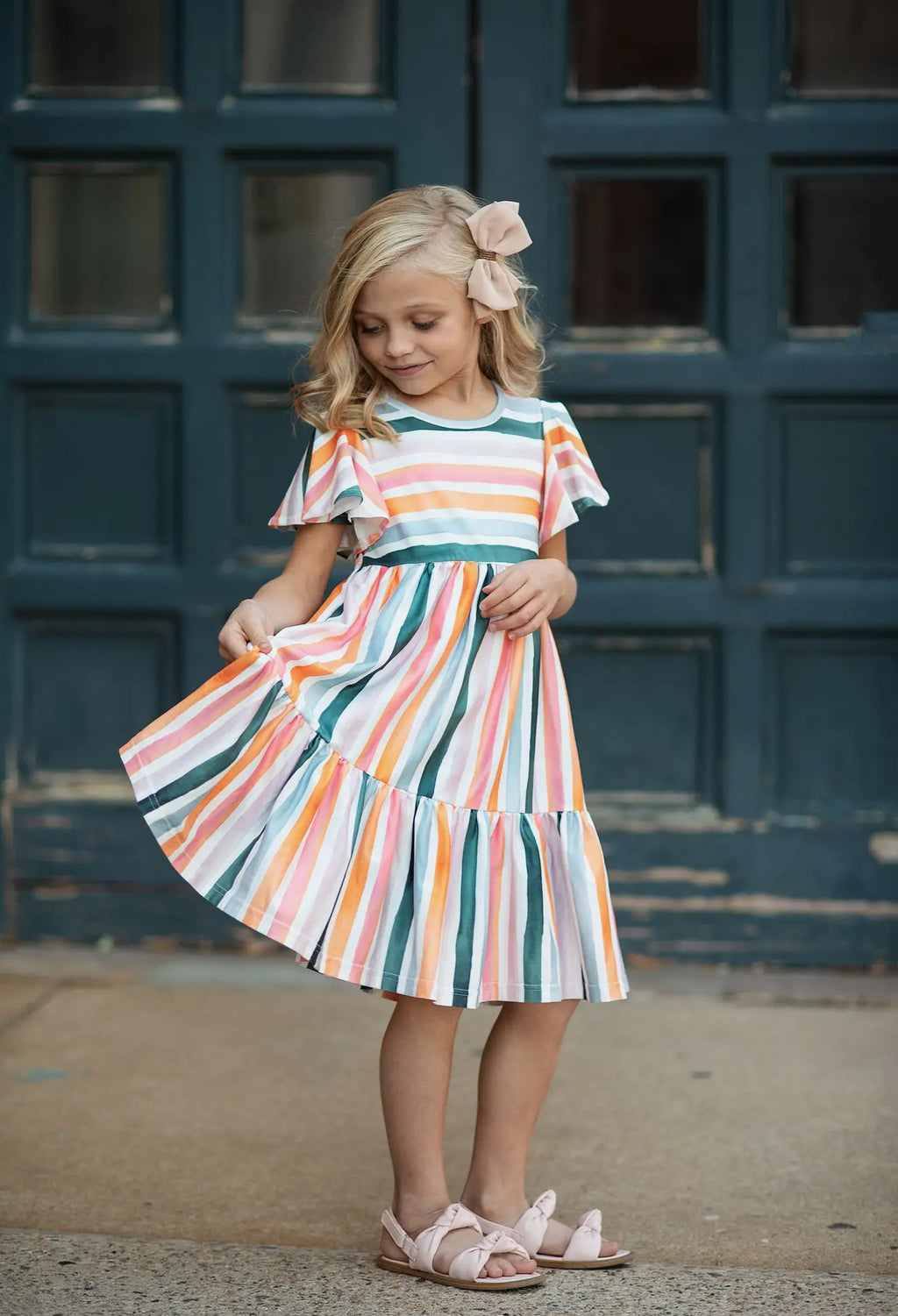 Kids Boho Rainbow Stripe Spring Easter Flutter Sleeve Dress