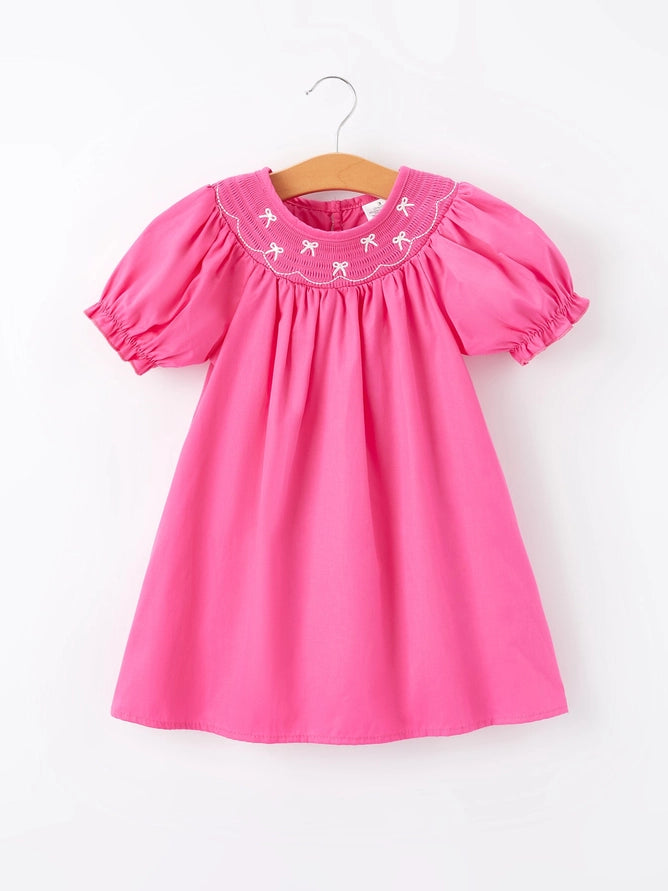 Girls Bow Smocking Embroidery Hot Pink Dress – KBM Designs LLC