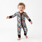 Halloween Ghost Checkered Football Zippy Romper