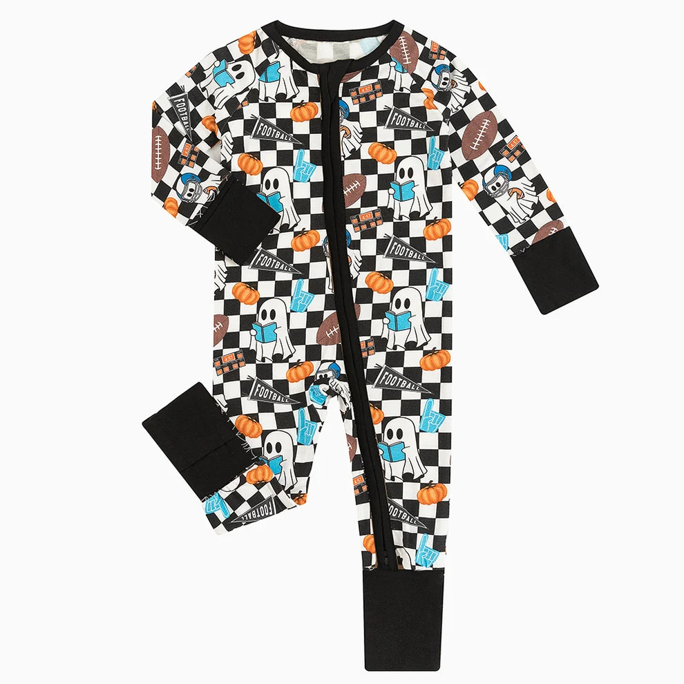 Halloween Ghost Checkered Football Zippy Romper