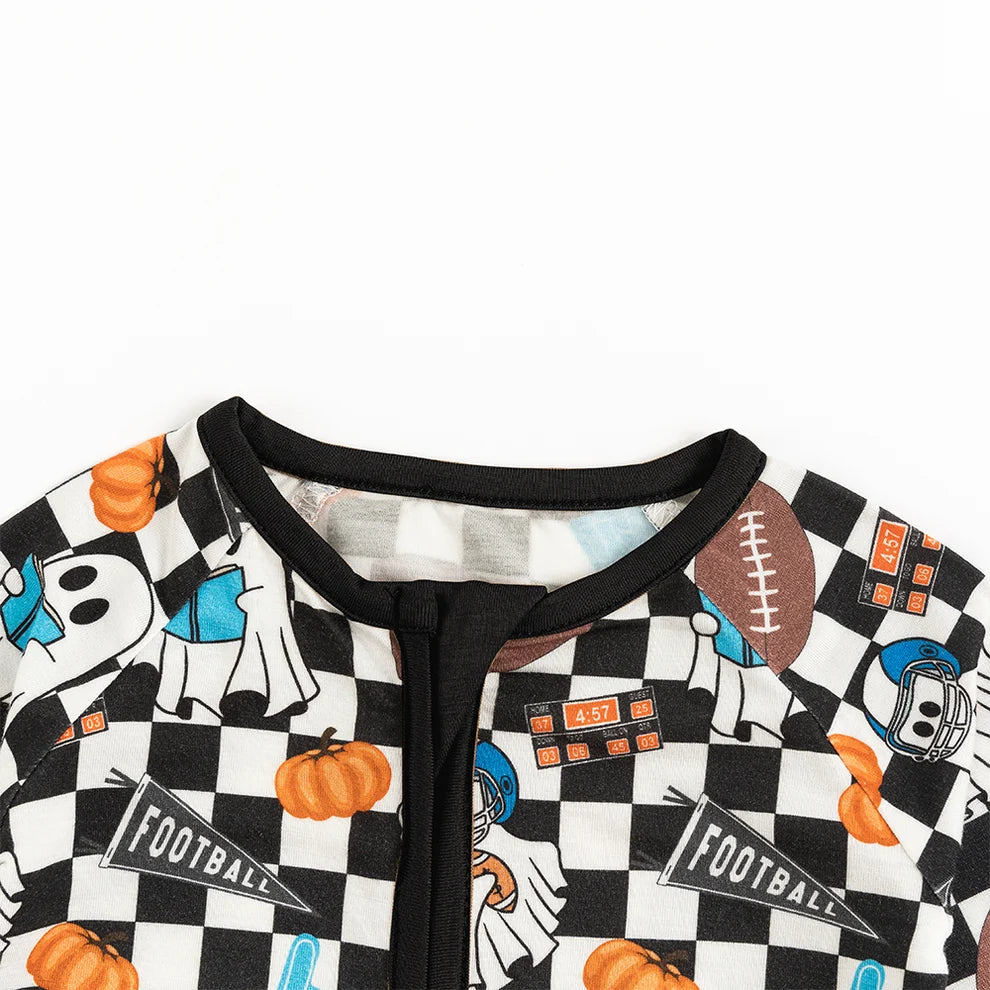 Halloween Ghost Checkered Football Zippy Romper