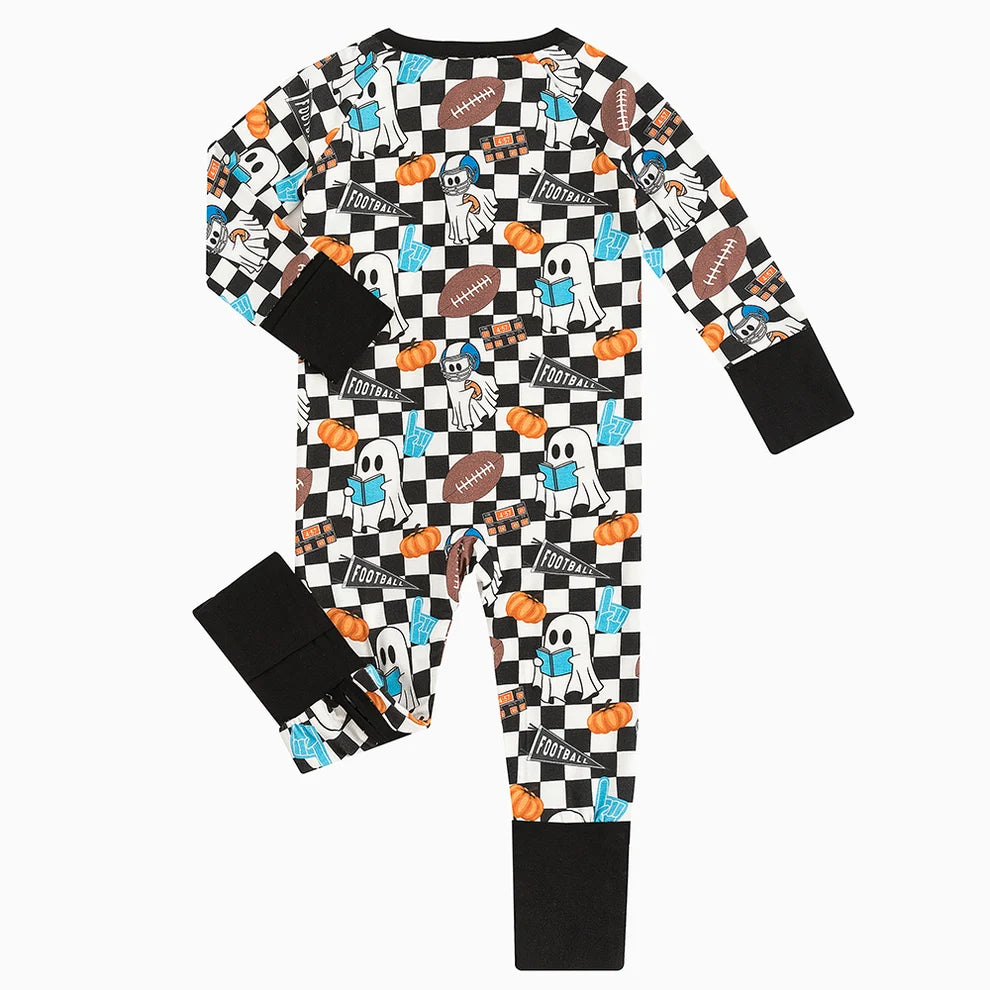 Halloween Ghost Checkered Football Zippy Romper