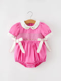 Hot Pink Floral Smocked Bow Bubble Romper