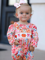 Pumpkin Bow Smock Embroidered Floral Romper
