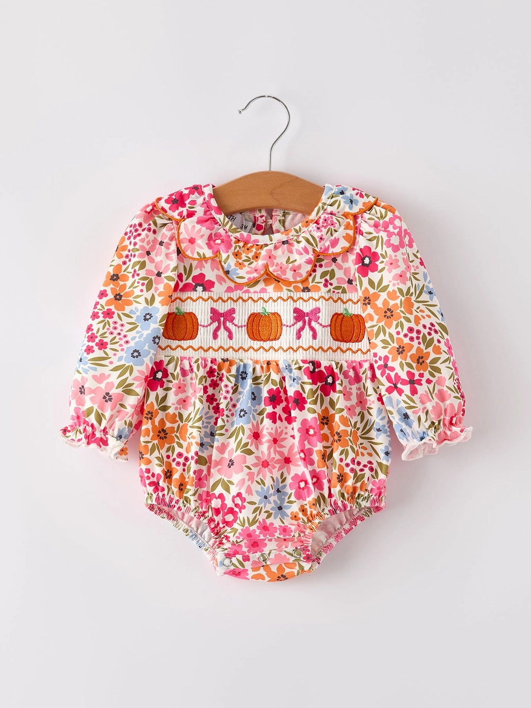 Pumpkin Bow Smock Embroidered Floral Romper