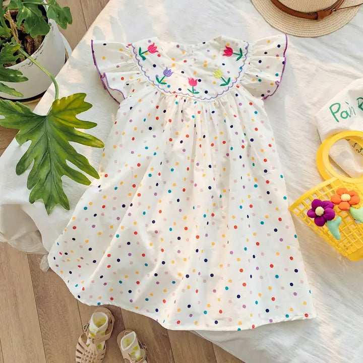 Rylee Faith Designs Colorful Polka Dot Tulip Embroidered Girls' Dress