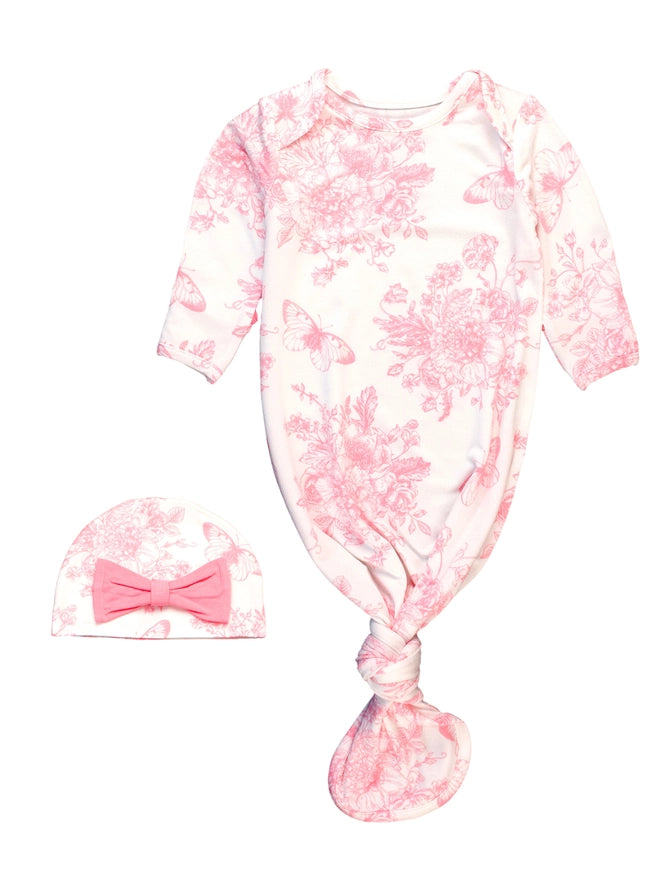Softsnooze™ Baby Girls Bamboo Viscose Pink Butterfly Garden Toile Ruffle Knotted Sleep Gown & Bow Hat Set