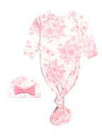 Softsnooze™ Baby Girls Bamboo Viscose Pink Butterfly Garden Toile Ruffle Knotted Sleep Gown & Bow Hat Set