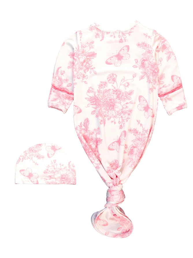 Softsnooze™ Baby Girls Bamboo Viscose Pink Butterfly Garden Toile Ruffle Knotted Sleep Gown & Bow Hat Set